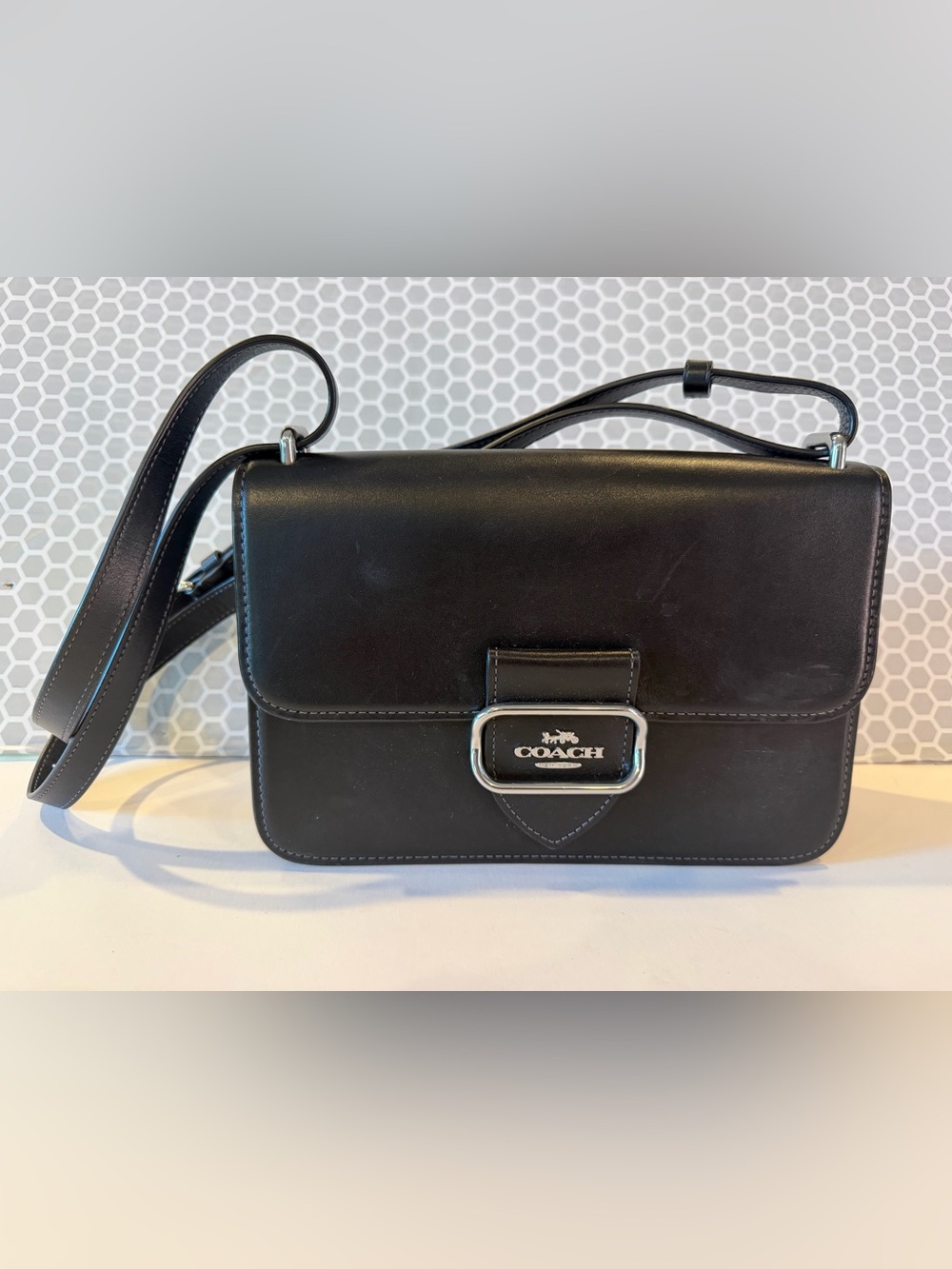 Coach Morgan  Black Leather Crossbody Bag with Silver Hardware